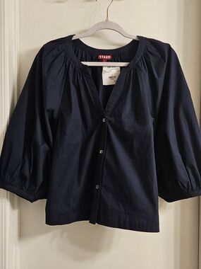 STAUD New Dill Navy Button-Front Puff Sleeve Blouse. Size L